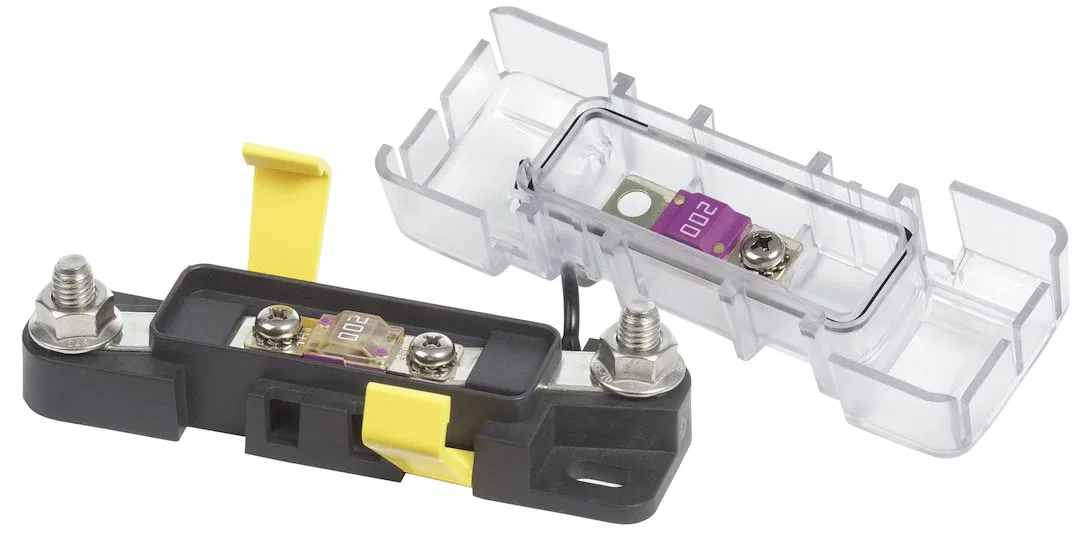 7720-BSS – BLUE SEA Fuse Block, 32 Volts DC 200 Amps Uses AMI/ MIDI Safety Fuse With Protective Cover/ 8 Write-On Cir...